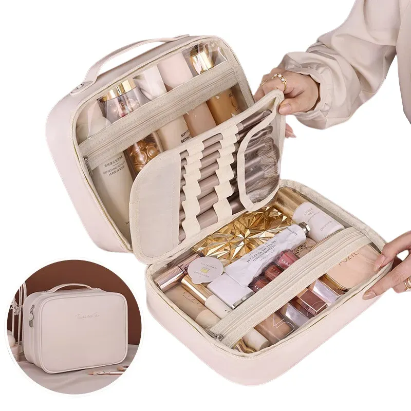 Elosung White Portable Pu Leather Makeup Bag With Detachable Divider Travel Cosmetic Organizer Makeup Bags & Cases