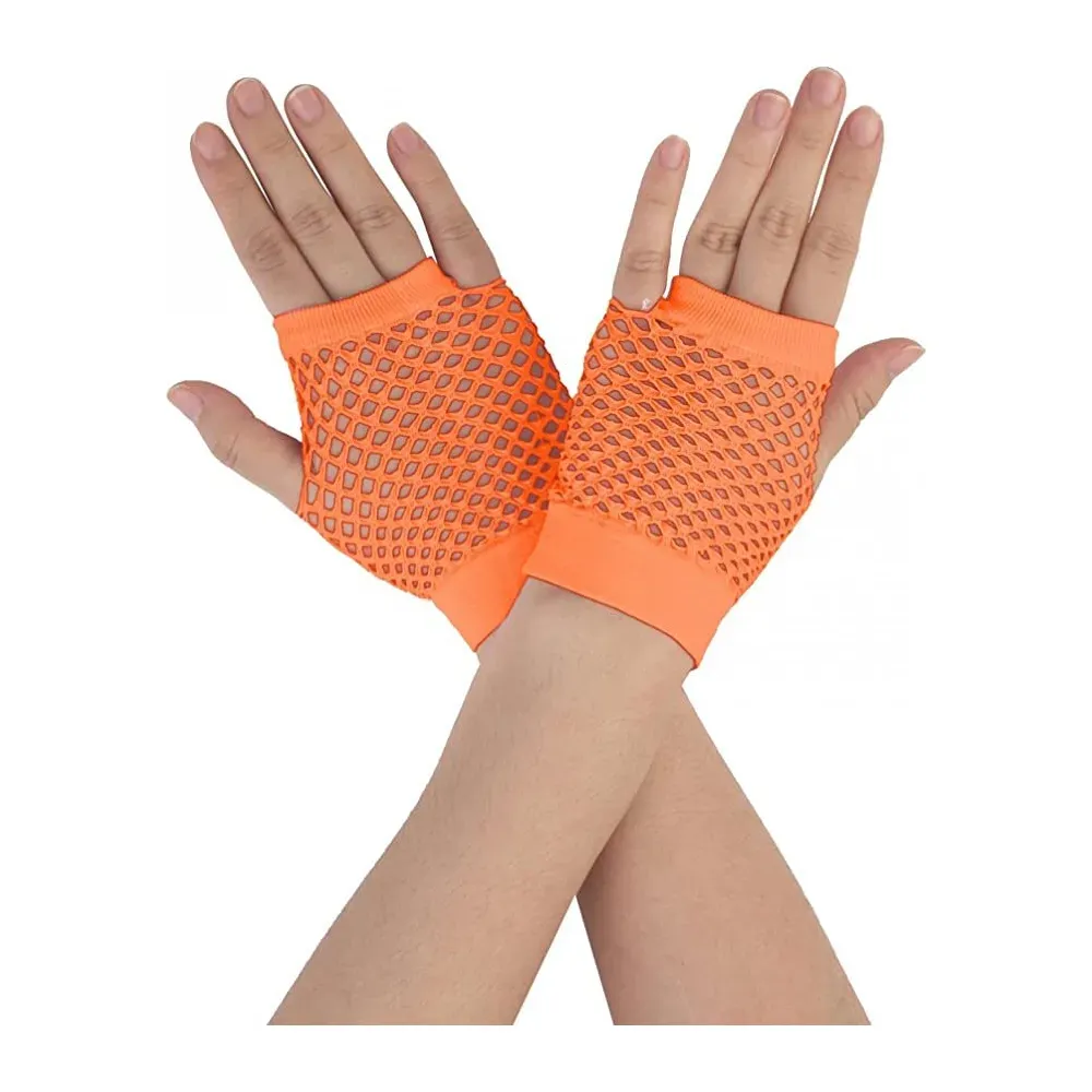 Br Costumes 1 Pair Fishnet Fingerless Wrist Length 70S 80S Party Orange Gloves