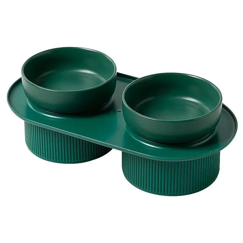 Dog Bowls House Of Pets Delight 24X Ribbed Ceramic Double Bowl 3Pc Set Emerald