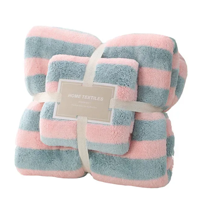 410Gsm 2 Piece Towel Sets Bath Face Pink Gray Stripes Towels & Washcloths