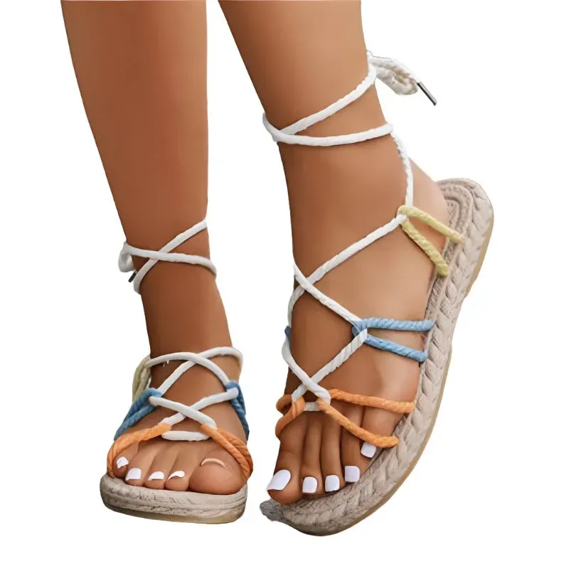 Color Block Cross Strap Hemp Rope Sandals Summer Round Toe Flat Bottom Roman Shoes For Women Beach Flats