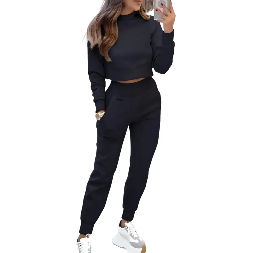 Stand Collar Sports Suit Fashion Pullover Long Sleeves Short Top And Slim Trousers With Pockets Solid Outfits Women's Clothing Other Home Décor