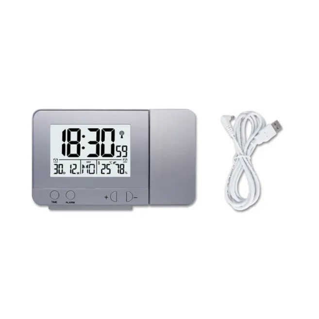 Alarm Clock With Time And Temperature Projection Usb Charging Silver Alarm Clocks & Clock Radios