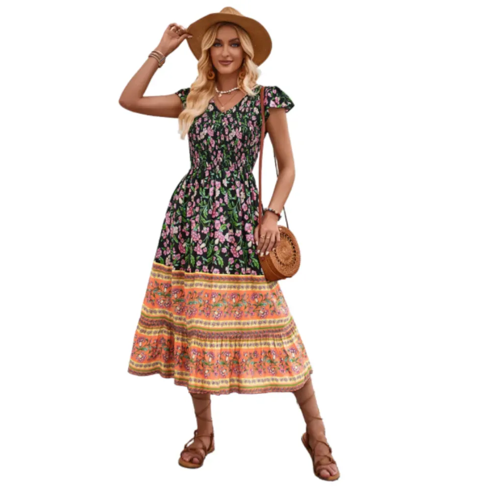 Dresses New Flowers Print V Neck Dress Summer Casual Ruffle Sleeveless For Women