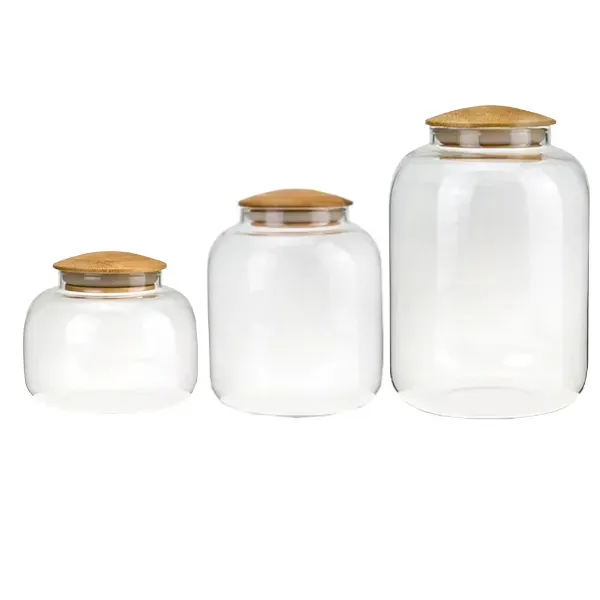 Round Bamboo Lid Glass Containers Kitchen Storage Organisation Canisters & Jars